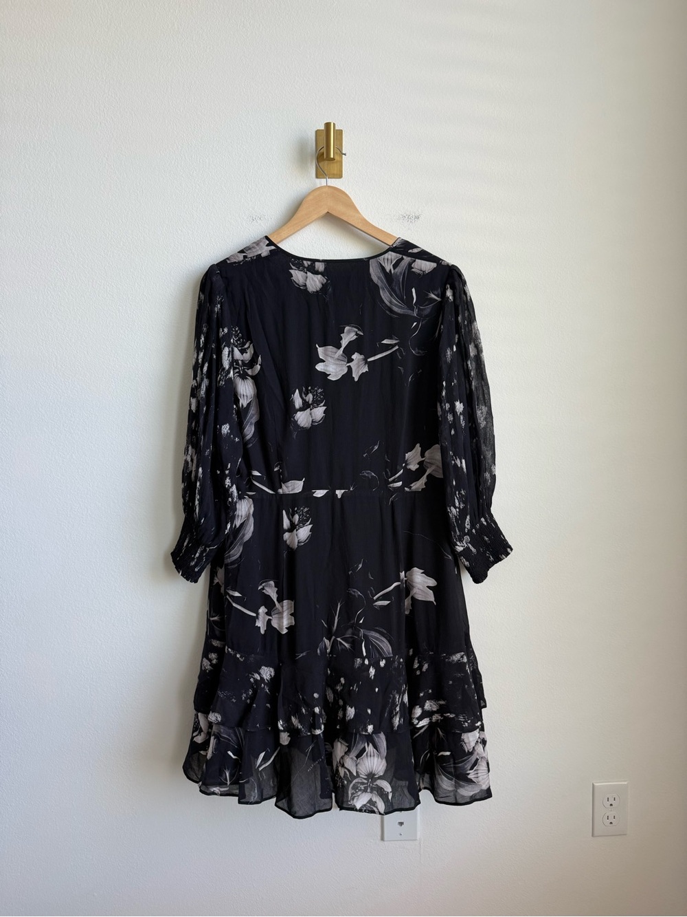 AllSaints Ari Pauline Floral Faux Wrap Chiffon Mini Dress Black Grey 10 - Picture 15 of 16